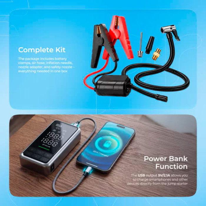 Автомобільний пусковий пристрій + насос Proove Air Jump 10400mAh 1000A Gray